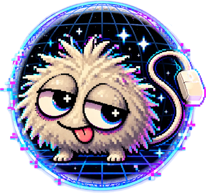 Mopp, a fuzzy cream pixel creature with sleepy eyes, tongue out and a computer mouse for a tail, inside a neon wireframe globe